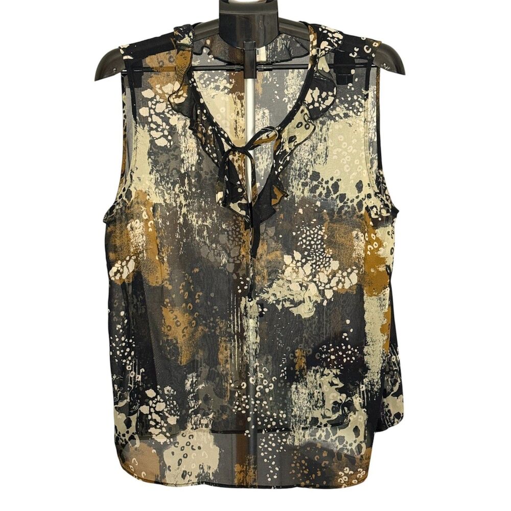 Cabi Chiffon Top XL Abstract Ruffle V Neck Sleeveless Blouse Black Tan